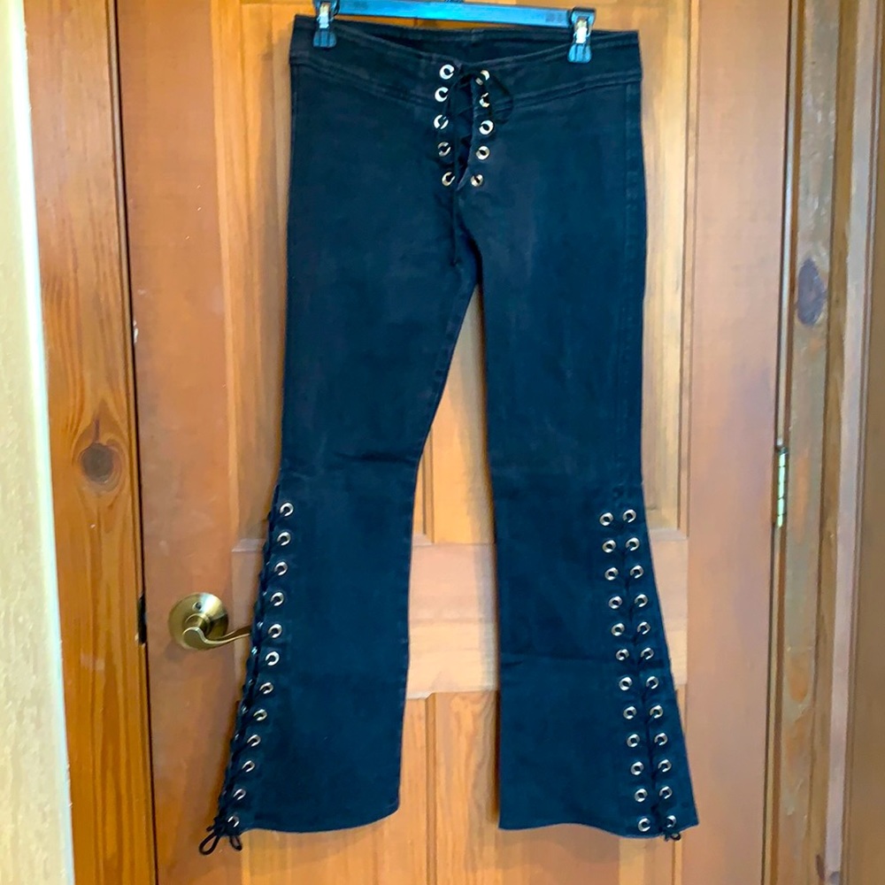 Vintage 90s Lip Service Lace Up Grommets Black Stretch Jeans